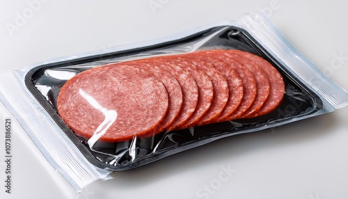 Vacuum-packed sliced sausage resting on white background