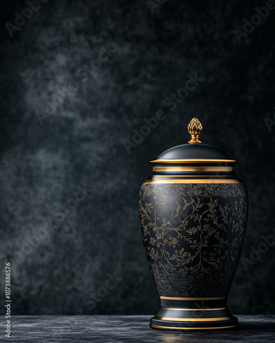 Photorealistic elegant metallic urn with intricate designs in dark sophisticated setting