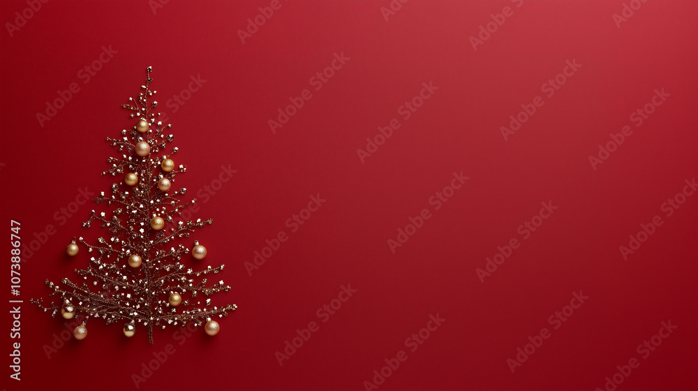 Golden Christmas Tree on Red Background - Xmas Greeting Card Golden Christmas Tree on Red Background - Xmas Greeting Card