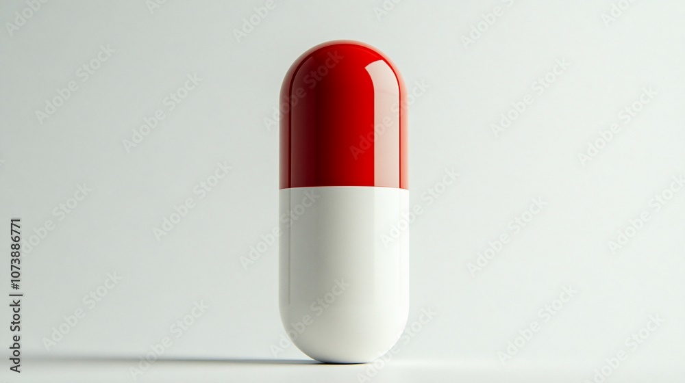 Single red and white capsule pill on a white background. Single red and white capsule pill on a white background.