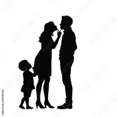 A vector silhouette illustration of a family scene featuring a father, mother, and child standing together