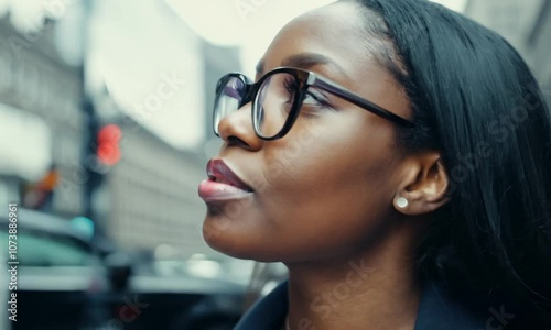 Beautiful woman with glasses walking on new york busy street