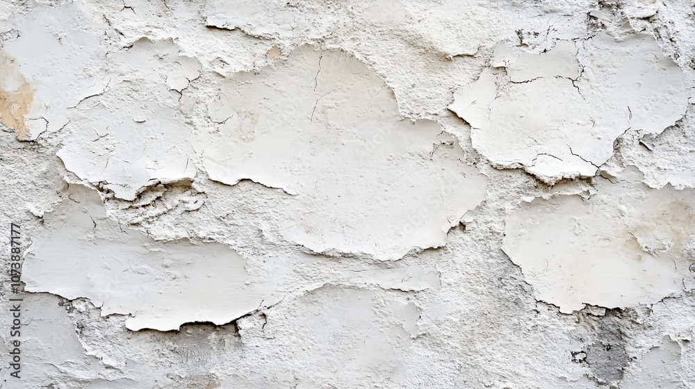 Close-up of a white wall with peeling paint, creating a textured surface. Close-up of a white wall with peeling paint, creating a textured surface.
