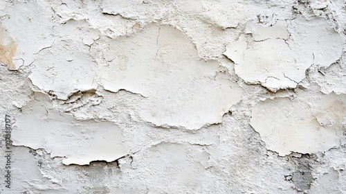 Close-up of a white wall with peeling paint, creating a textured surface.