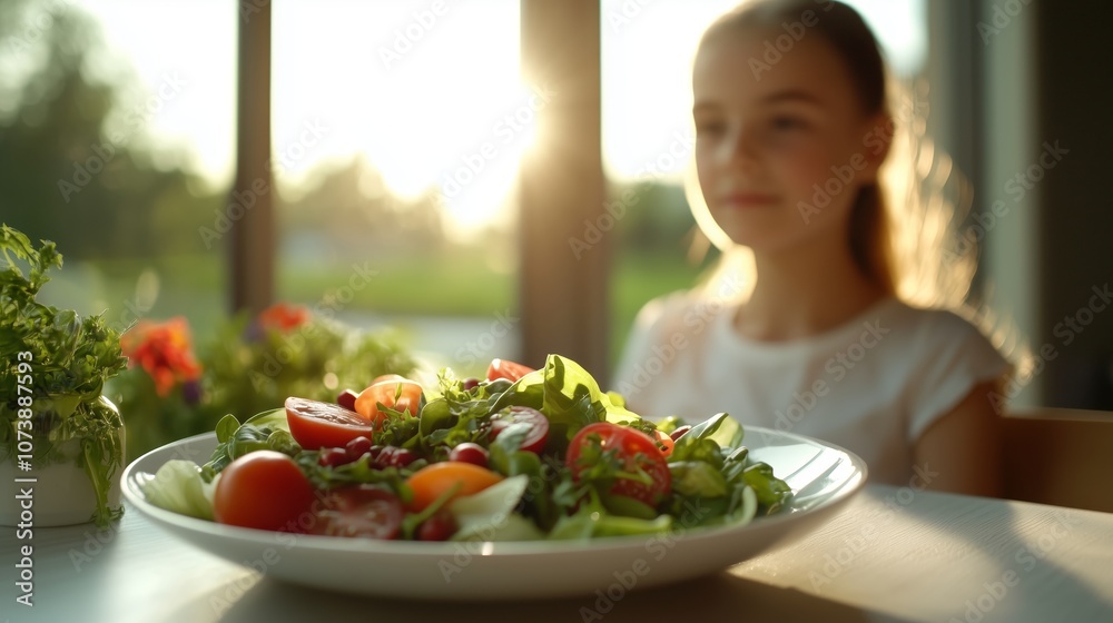 A fresh, organic salad plate in sharp focus on the table, with a blurred young girl in the background. A fresh, organic salad plate in sharp focus on the table, with a blurred young girl in the background.