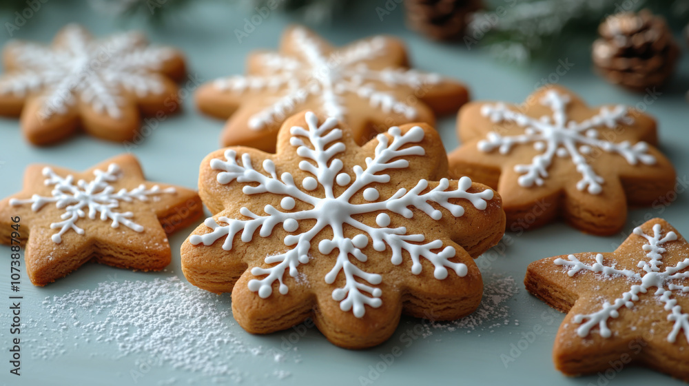 Festively decorated snowflake cookies arranged on a light blue background with pinecones in the background Festively decorated snowflake cookies arranged on a light blue background with pinecones in the background