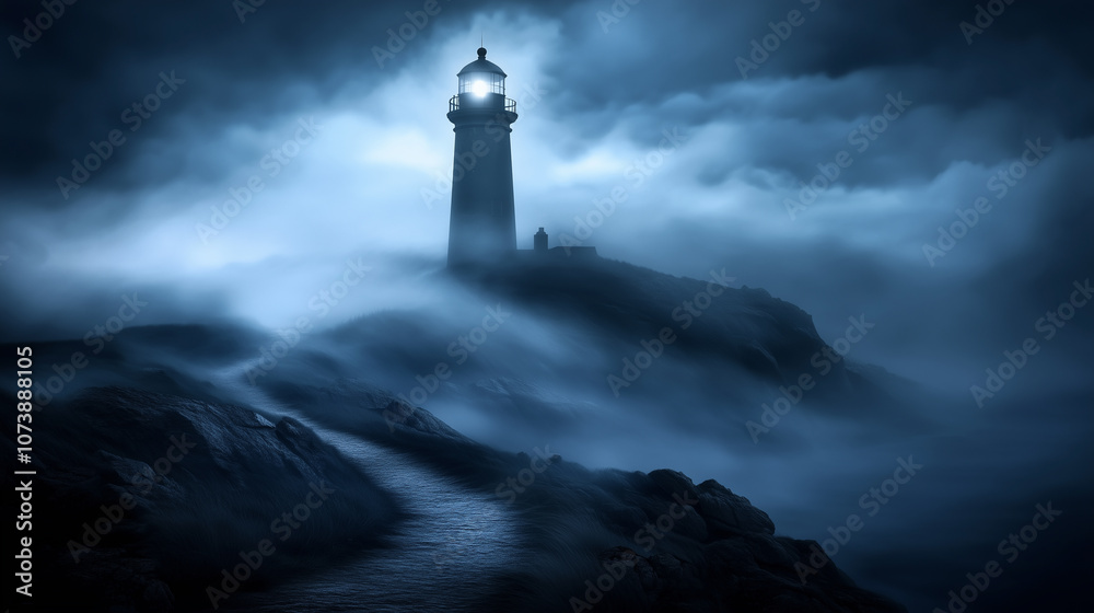 Mystical Lighthouse Illuminating Foggy Night on Rocky Shoreline, Creating an Eerie Coastal Atmosphere - Image made using Generative AI Mystical Lighthouse Illuminating Foggy Night on Rocky Shoreline, Creating an Eerie Coastal Atmosphere - Image made using Generative AI