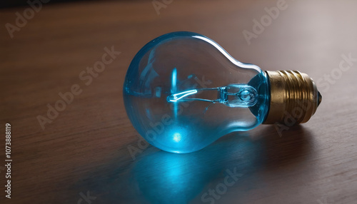 blue light bulb on a wooden floor