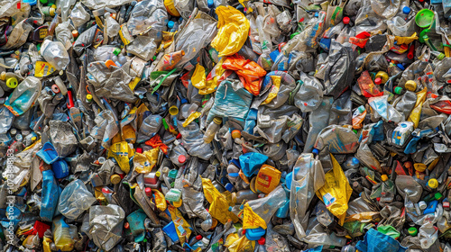 The image shows a dense collection of various types of plastic waste, highlighting the immense challenge of recycling and waste management in cities today photo