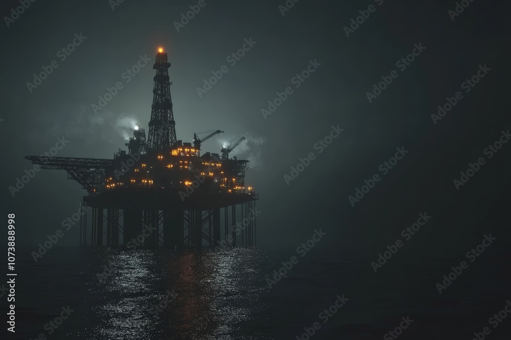 Obraz premium Mysterious offshore oil rig illuminated at night against moody dark ocean backdrop