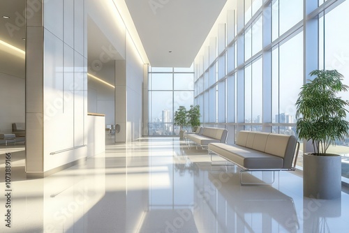 A clean, modern hospital outpatient waiting area with minimalist seating, large windows letting in natural light and soft ambient lighting.