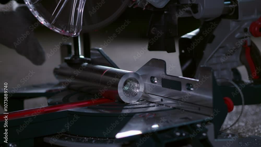 Sawing through an aluminum part with a chop saw. Metalworker machining a piece manually. The sharp blade of the tool is cutting the metal material. Sawing through an aluminum part with a chop saw. Metalworker machining a piece manually. The sharp blade of the tool is cutting the metal material.