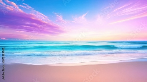 Vibrant sunset over a tranquil beach with pastel skies and gentle waves, AI
