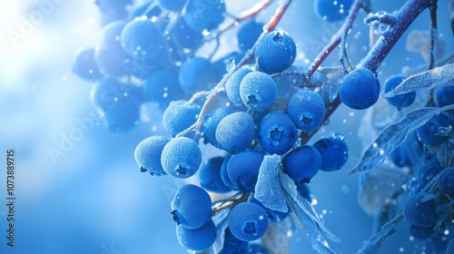 Frozen blueberries cover snow composition background