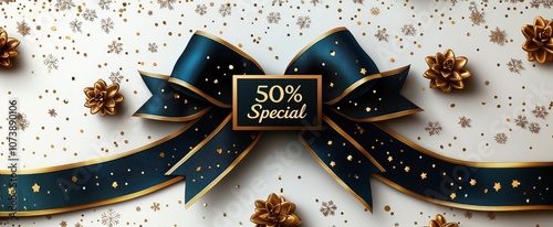 Elegant Black and Gold Ribbon Featuring 50% Off Special Offer Surrounded by Festive Decorations