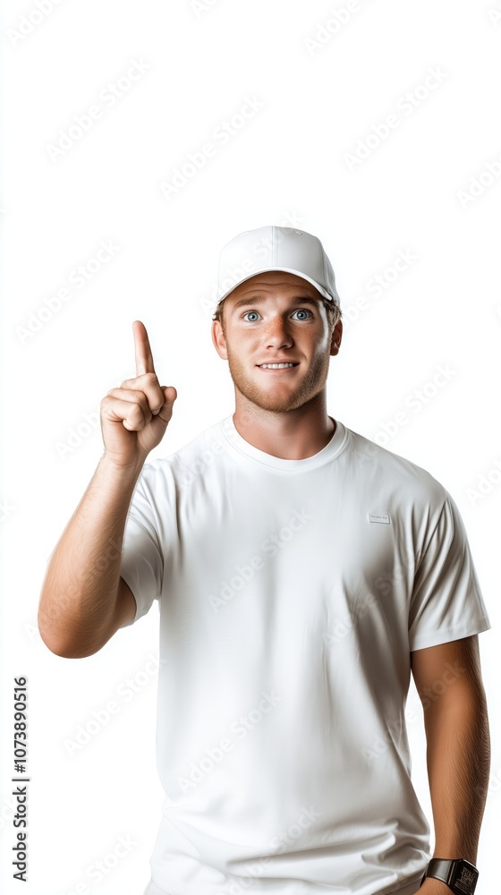Cinematic Realistic Portrait of a Man in White T-shirt and Cap Pointing Upward Cinematic Realistic Portrait of a Man in White T-shirt and Cap Pointing Upward
