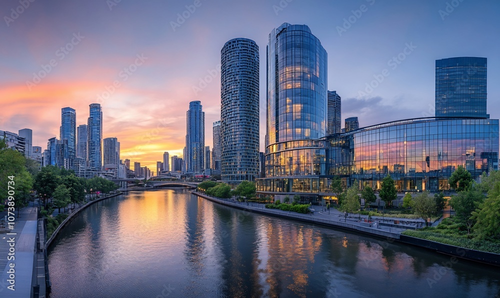A panoramic view of a modern city skyline with tall buildings reflecting in a river at sunset. A panoramic view of a modern city skyline with tall buildings reflecting in a river at sunset.