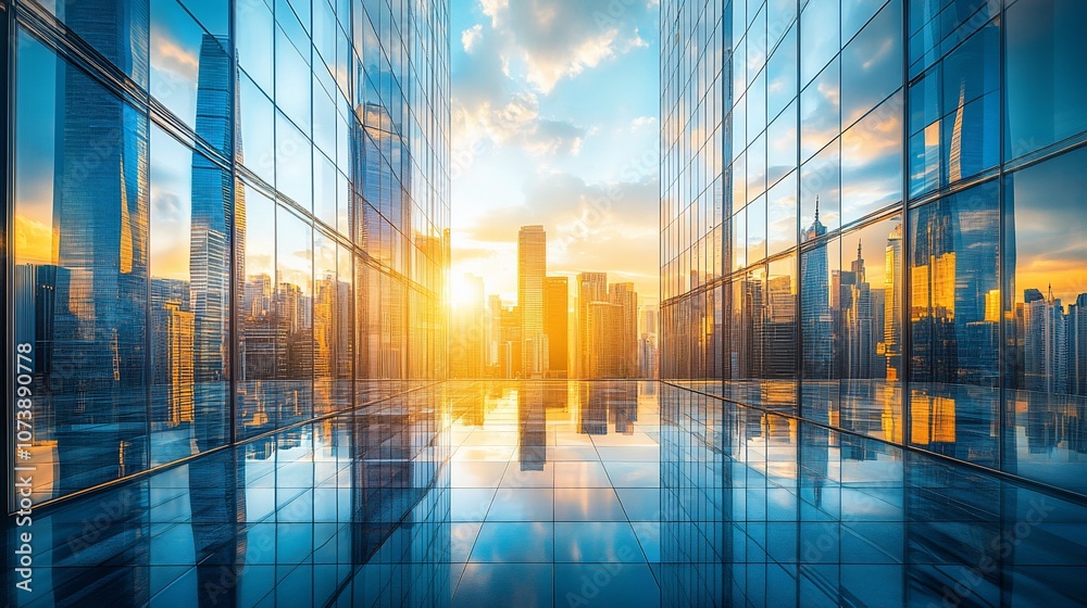 A panoramic view of a modern city skyline with skyscrapers reflecting the golden sunset in the glass windows of a building. A panoramic view of a modern city skyline with skyscrapers reflecting the golden sunset in the glass windows of a building.