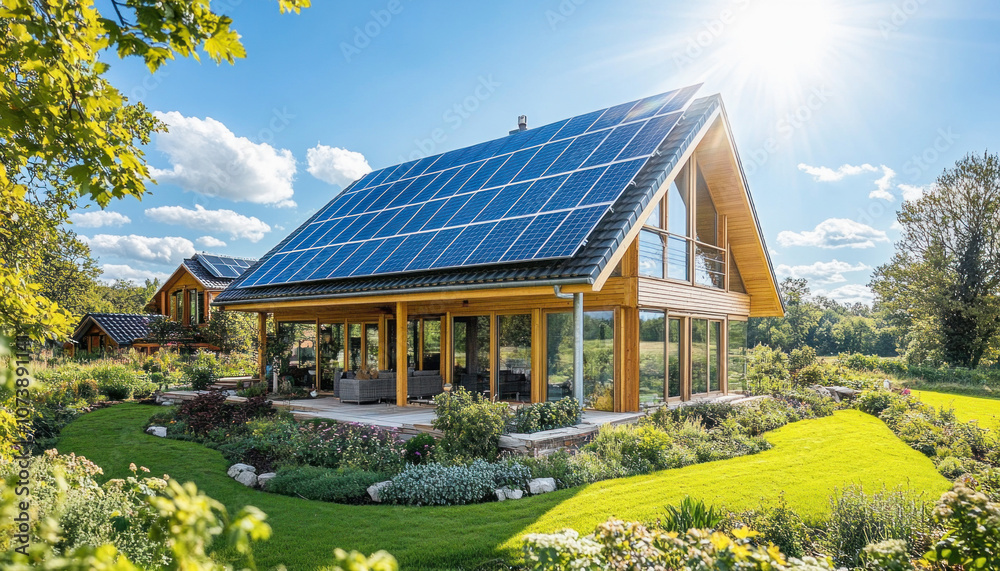 Wooden house with solar panels on roof generating electricity on sunny day, showcasing sustainable living and renewable energy Wooden house with solar panels on roof generating electricity on sunny day, showcasing sustainable living and renewable energy