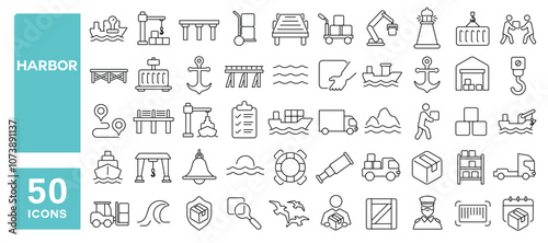 Set of 50 line icons related to harbor, port, sea, container, crane, logistic, goods, wharf, ship, boat, Editable stroke. Vector illustration
