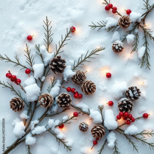 Christmas or autumn composition thuja twigs cones in the snow physalis top view flat lay copy space frame christmas isolated photo