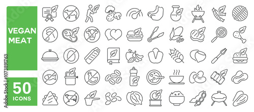Set of 50 line icons related to vegan meat, plant, vegetarian, burger, protein, bio, organic, product, food, Editable stroke. Vector illustration