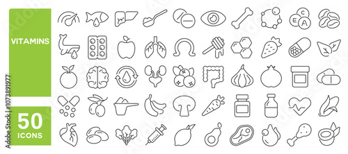 Set of 50 line icons related to vitamins, supplements, fruit, vegetables, antioxidant, eat, natural, fiber, carbohydrate, Editable stroke. Vector illustration
