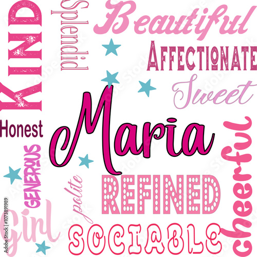 Maria  - written proper name surrounded by adjectives. modern vector graphics - quarcode style - pink color - ideal for sublimation, cards,	