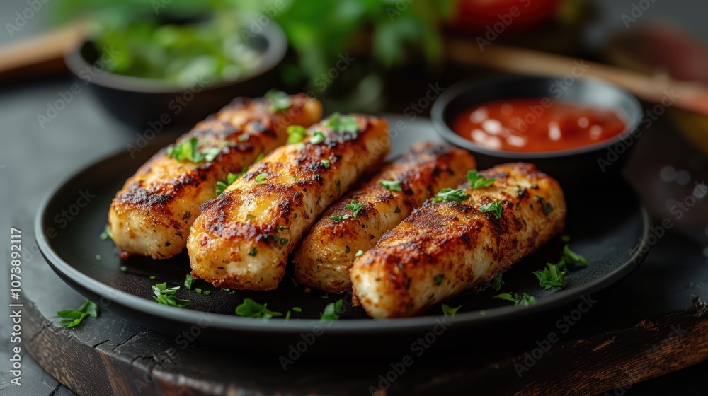 Crispy and Delicious Mozzarella Sticks with Fresh Herbs and Dipping Sauce on a Dark Rustic Plate Crispy and Delicious Mozzarella Sticks with Fresh Herbs and Dipping Sauce on a Dark Rustic Plate