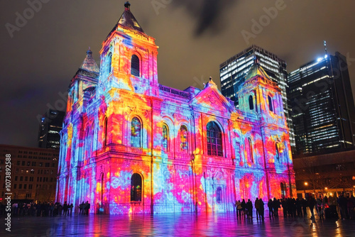 Spectators looking at the colorful light projections illuminating montreal's mary queen of the world cathedral during the aura festival photo