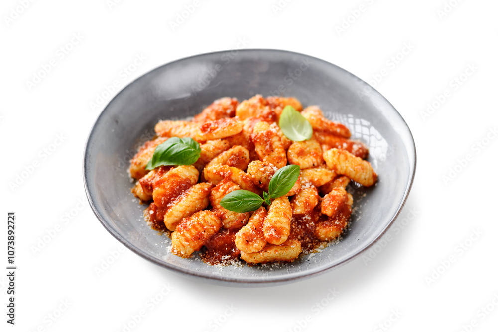 Traditional Italian potato gnocchi with tomato sauce, parmesan cheese and fresh basil leaves isolated on white background