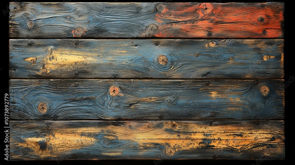 A textured wooden panel featuring blue, yellow, and red colors. A textured wooden panel featuring blue, yellow, and red colors.