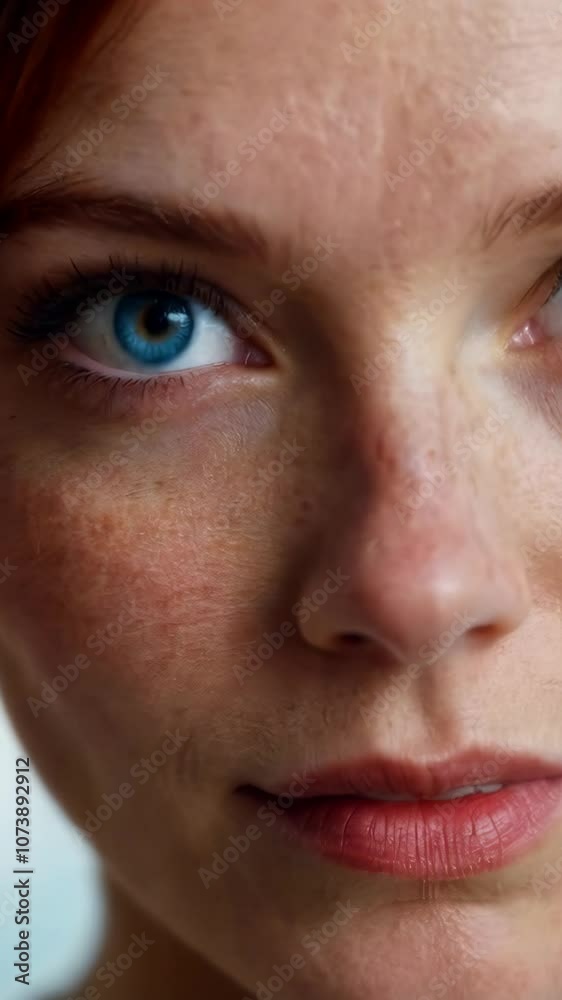 Close-up portrait of a woman with striking blue eyes, natural freckles, and soft lighting, creating a serene and introspective mood. Close-up portrait of a woman with striking blue eyes, natural freckles, and soft lighting, creating a serene and introspective mood.