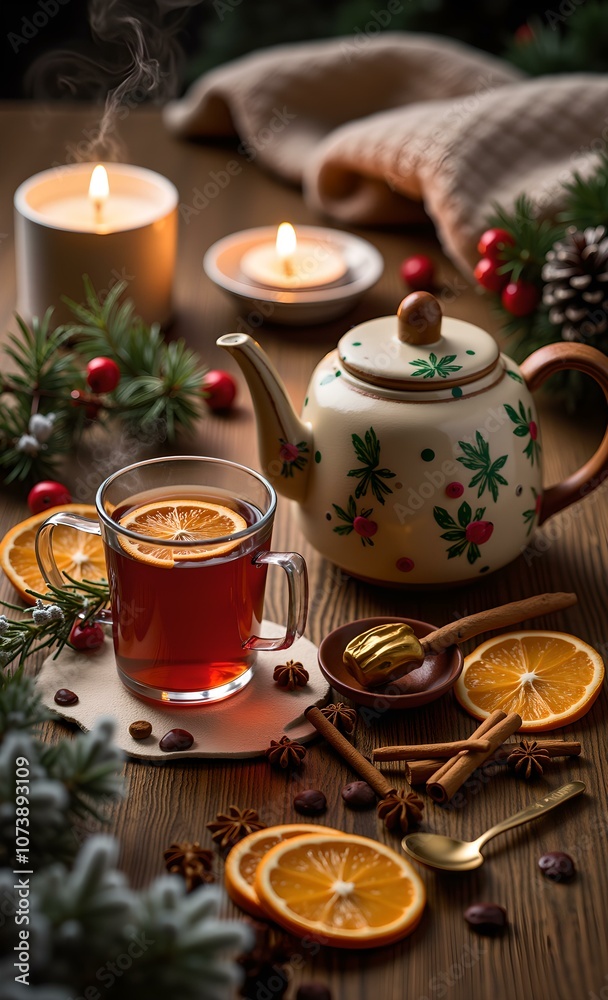 Cozy Christmas Tea with Candles and Festive Spices Cozy Christmas Tea with Candles and Festive Spices