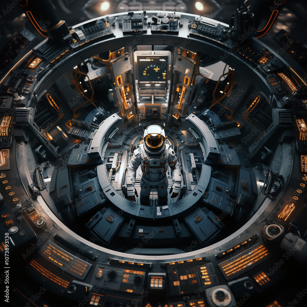 Astronaut in a high-tech futuristic spacecraft control room Astronaut in a high-tech futuristic spacecraft control room