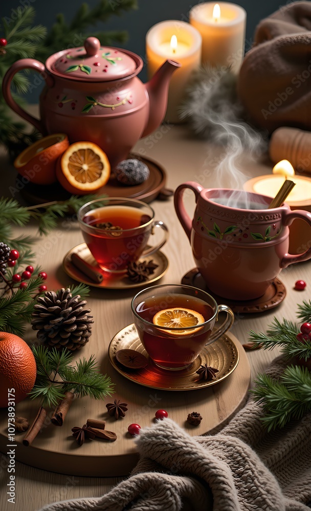 Cozy Christmas Tea with Candles and Festive Spices Cozy Christmas Tea with Candles and Festive Spices