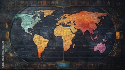 Fototapeta Naklejka Na Ścianę i Meble -  Vintage world map with continents in different colors.