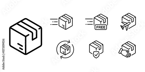Package box icon set. Fast delivery sign. Free and worldwide shipping symbol. Logistic pictogram set. Parcel illustration.