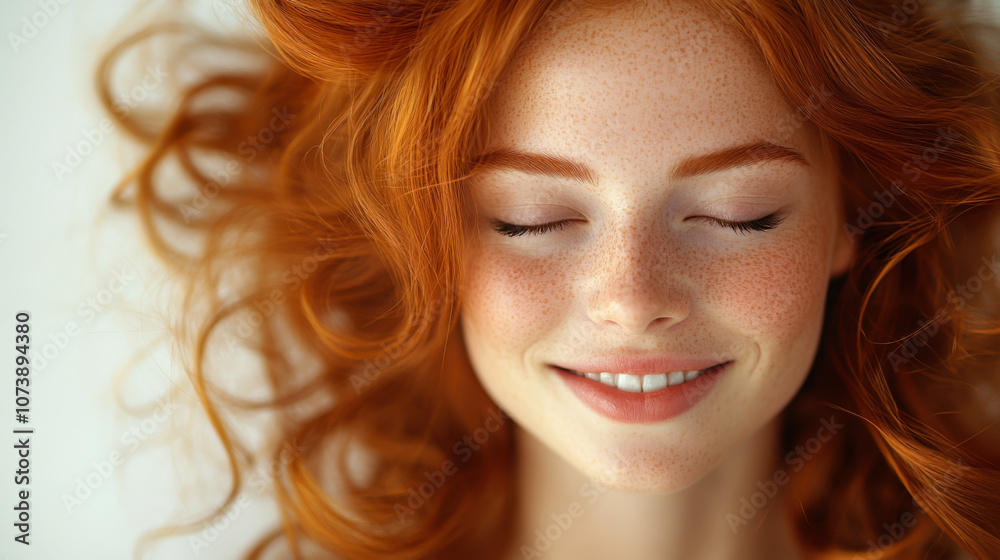 A young woman with vibrant red curls smiles softly while relaxing indoors, enjoying a moment of peace in natural light A young woman with vibrant red curls smiles softly while relaxing indoors, enjoying a moment of peace in natural light