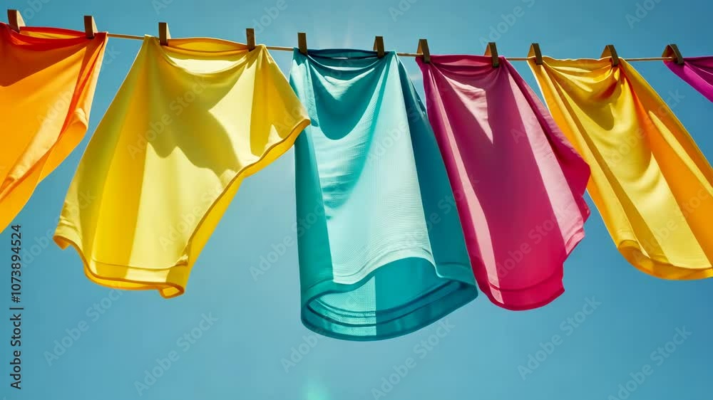 colorful clothes hanging on a line outdoors and swaying in the wind under a bright sun