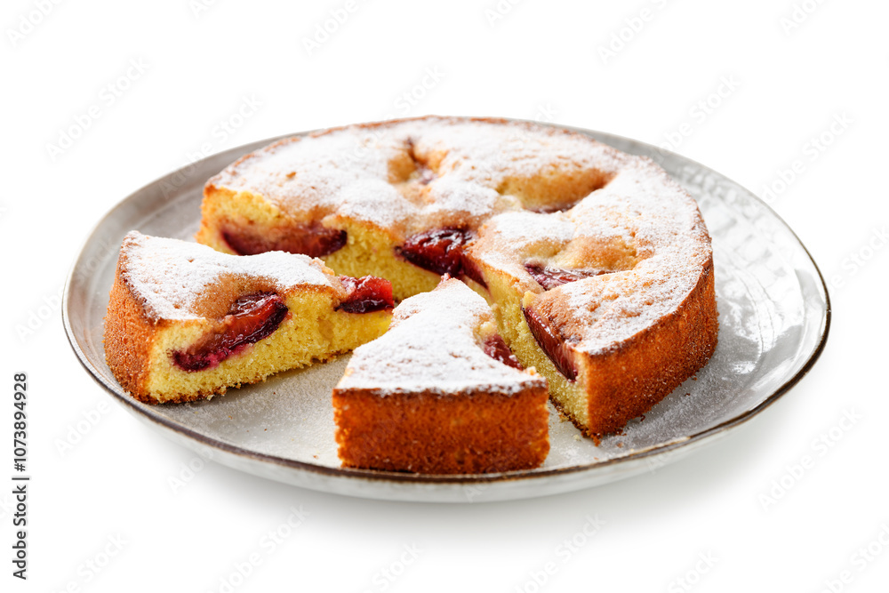 Freshly baked sliced plum pie or cake. isolated on white background Freshly baked sliced plum pie or cake. isolated on white background