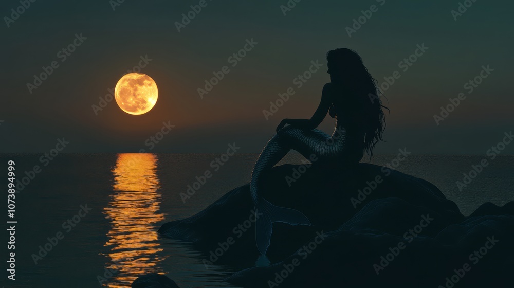 Fototapeta premium A mermaid silhouette sits on a rock as the moon rises over the water.