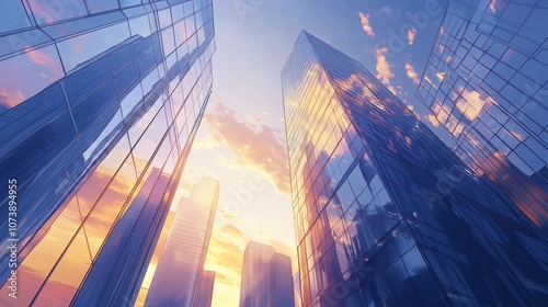 Wallpaper Mural Low angle view of modern glass skyscrapers against a vibrant sunset sky. Torontodigital.ca