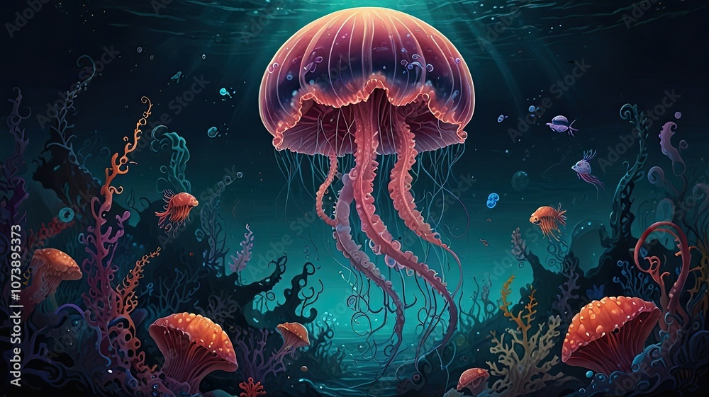Obraz premium A vibrant underwater world showcases jellyfish and other marine life swimming among intricate coral formations illuminated by soft light from above
