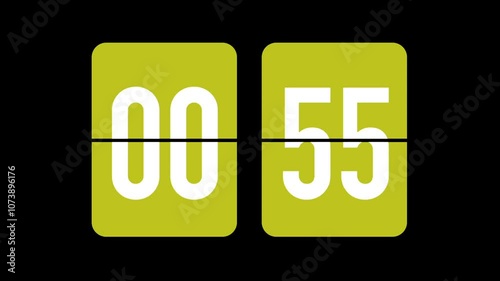 1 Minute Flip Countdown Timer Clock with Yellow Shape and White Lettering on Black Background, Removable Black Background for Easy Overlay, Ideal for Video Editing and Motion Graphics