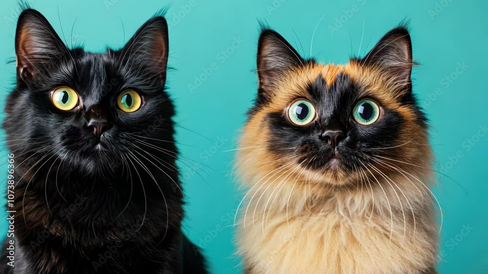 black cat sitting behind a fluffy cat on a bright blue background, both looking directly at the camera with a surprised expression stock minimalist photo