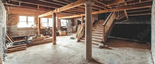 Tavern under contruction with stairs and column