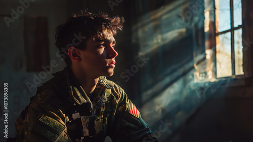 Young Soldier Sitting Alone in a Sunlit Room Reflecting Deep in Thought and Contemplation photo