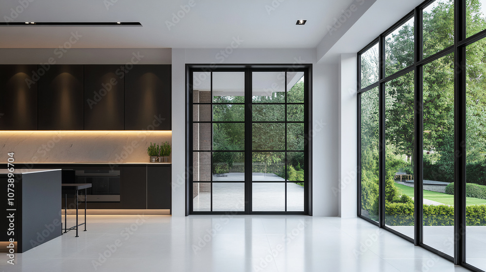 Obraz premium modern empty kitchen interior with high ceiling and big terrace windows