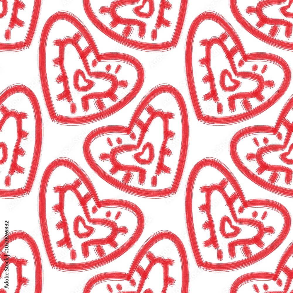 Seamless abstract geometric pattern. Simple background in red, white colors. Hearts. Digital texture. Illustration. Design for textile fabrics, wrapping paper, background, wallpaper, cover. Seamless abstract geometric pattern. Simple background in red, white colors. Hearts. Digital texture. Illustration. Design for textile fabrics, wrapping paper, background, wallpaper, cover.